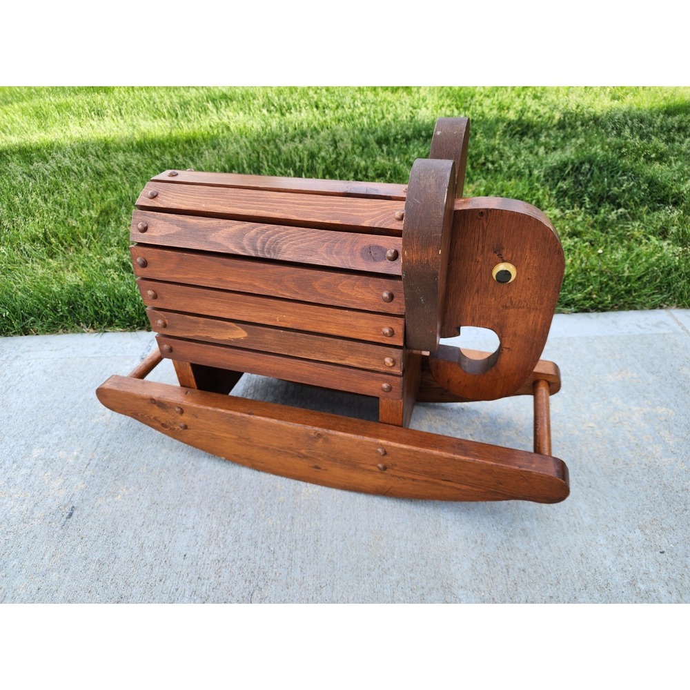 Mid-Century Modern Wooden Rocking Elephant Handmade Child Rocking Toy Home Decor